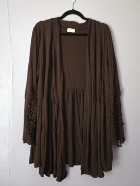 Hailey & Co Brown Open-Front Crochet Sleeve Cardigan